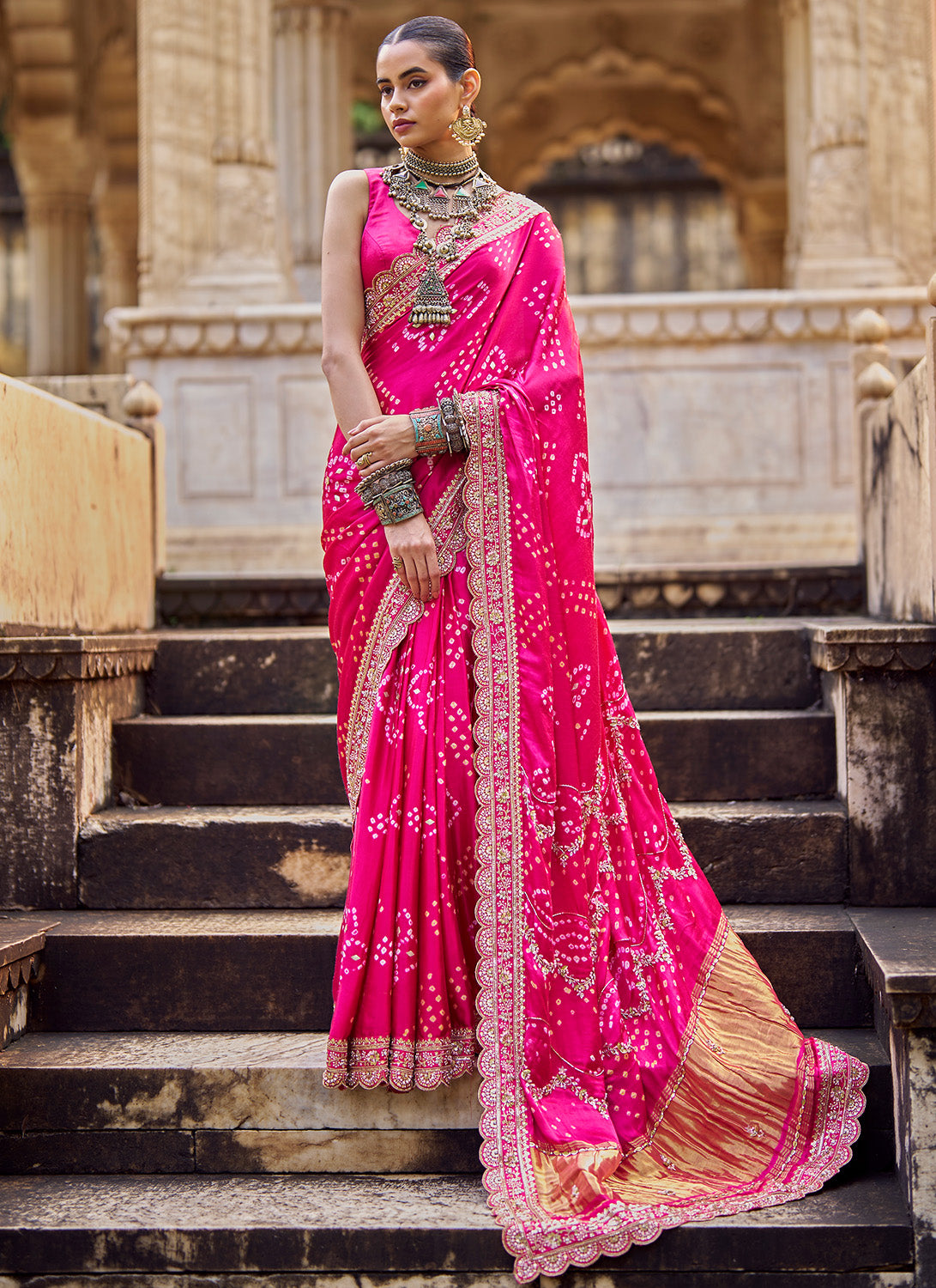 Pink Embroidered Pure Bandhani Saree