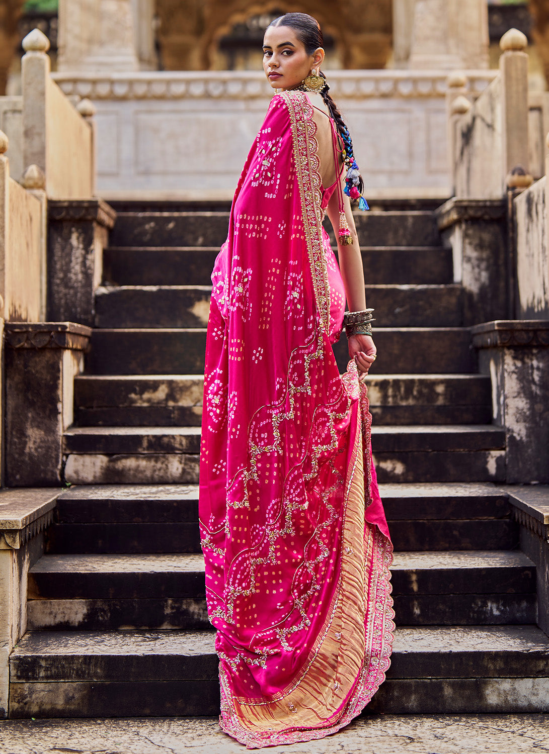 Pink Embroidered Pure Bandhani Saree