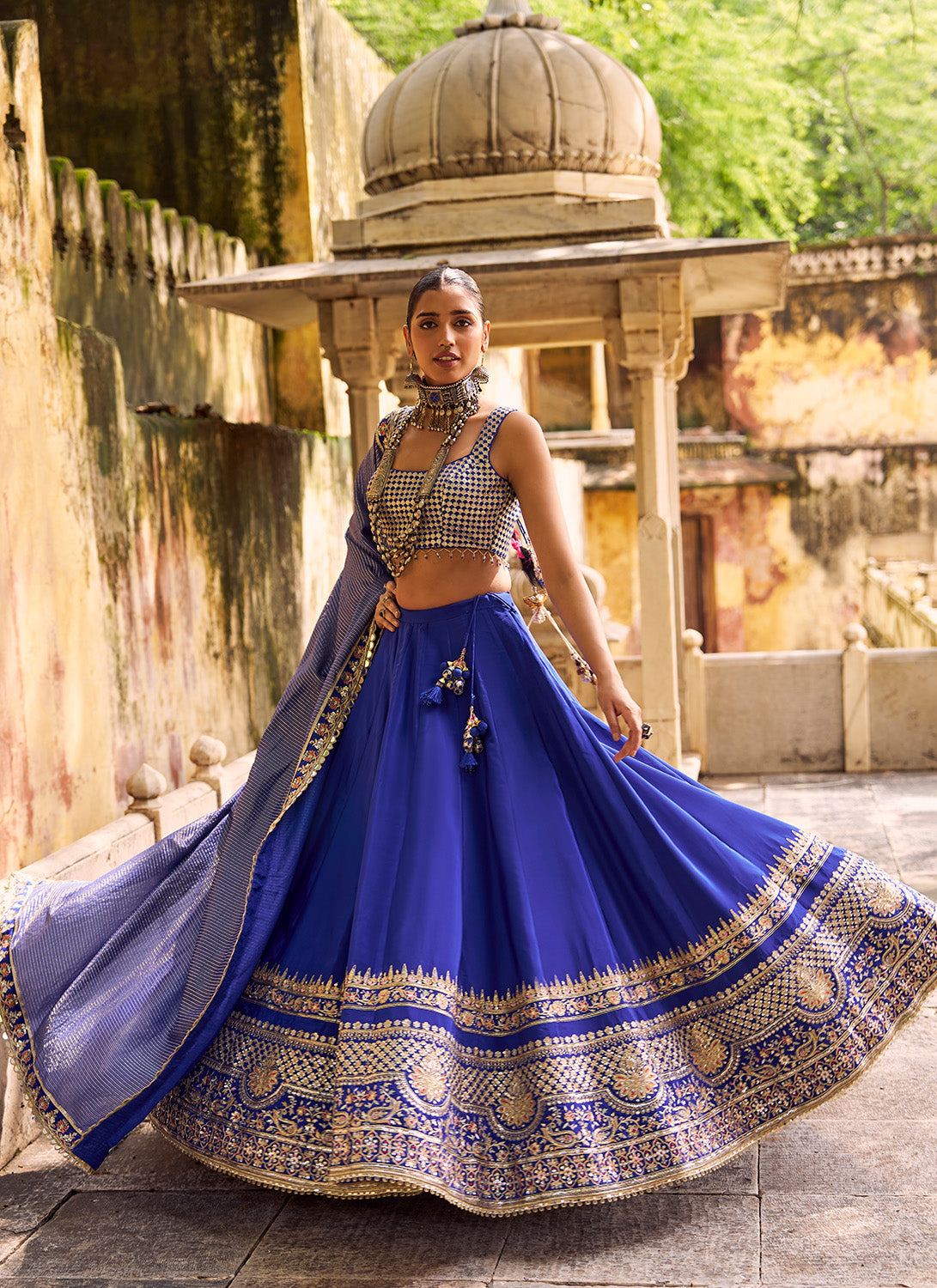 Blue Embroidered Viscose Crepe Lehenga