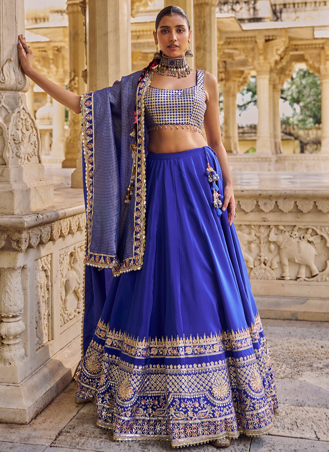 Blue Embroidered Viscose Crepe Lehenga
