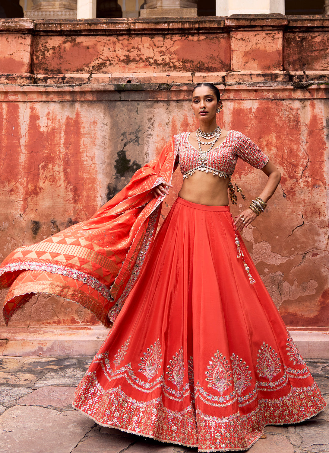 Orange Embroidered Viscose Silk Lehenga