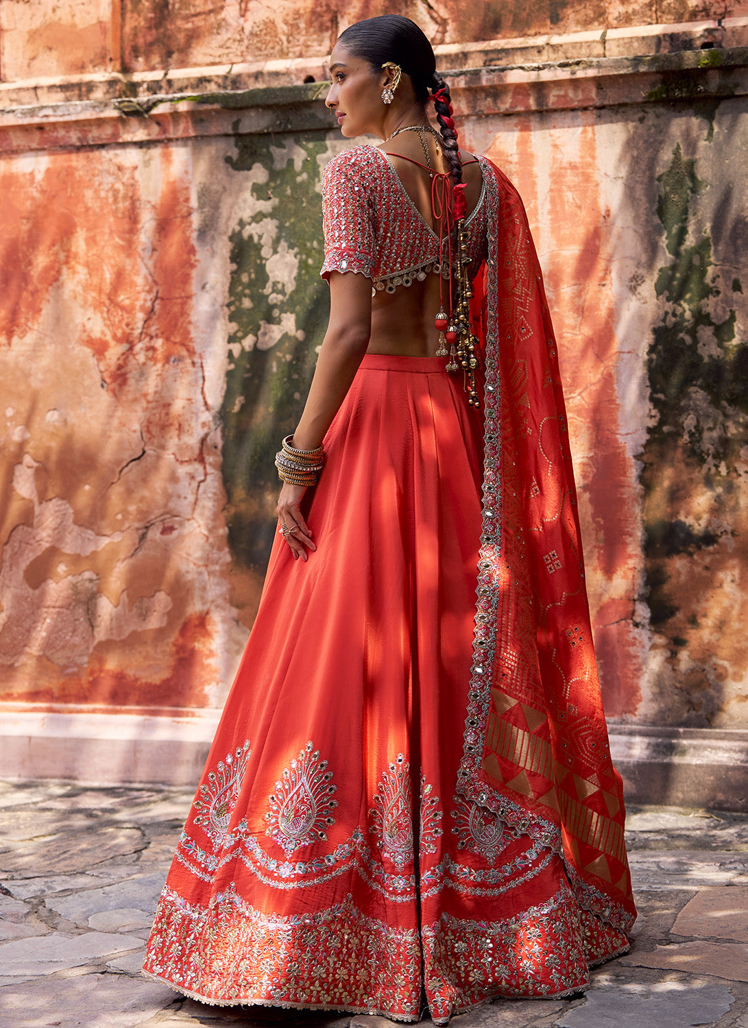 Orange Embroidered Viscose Silk Lehenga
