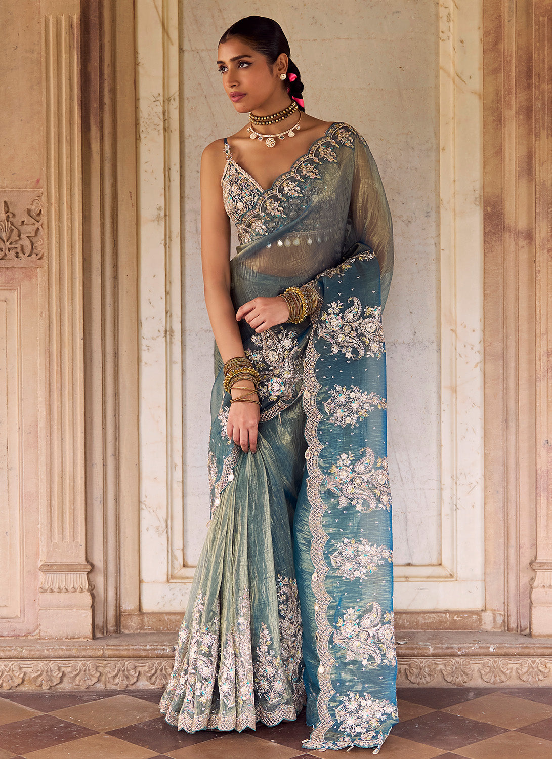 Teal Green Embroidered Saree