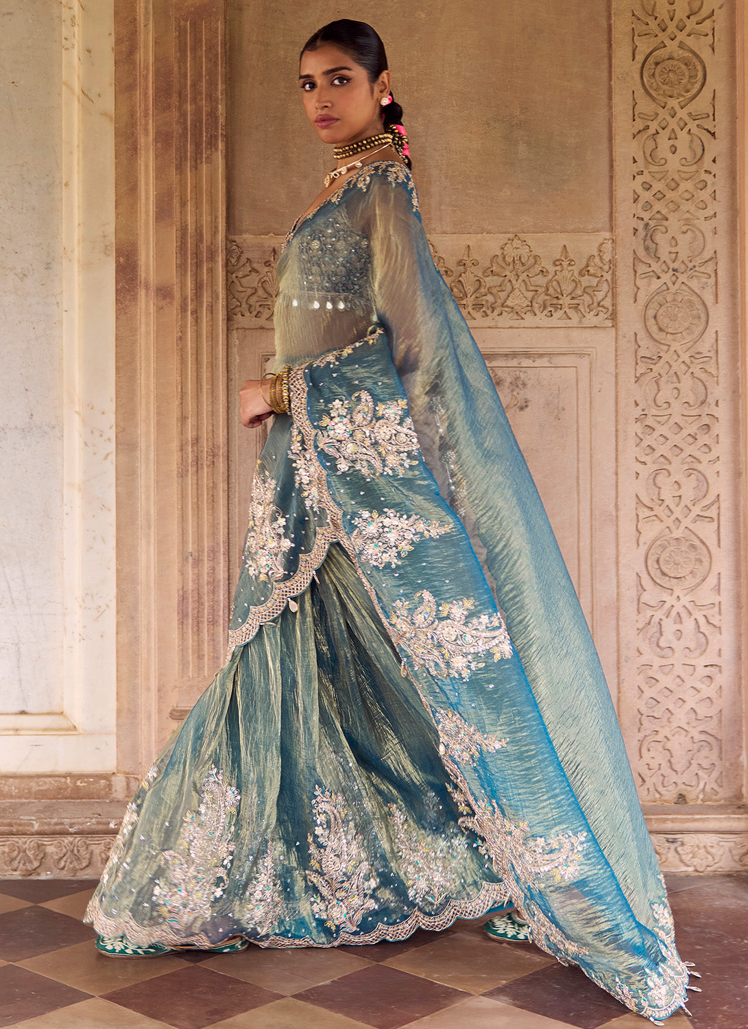 Teal Green Embroidered Saree