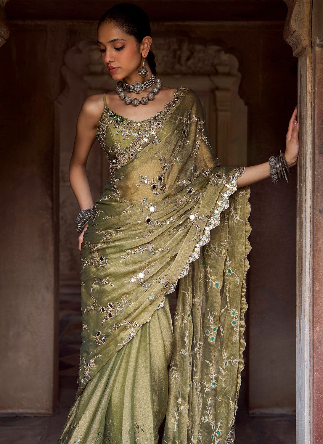 Moss Green Embroidered Tissue Saree