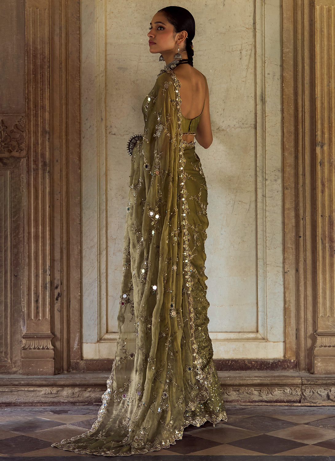Moss Green Embroidered Tissue Saree