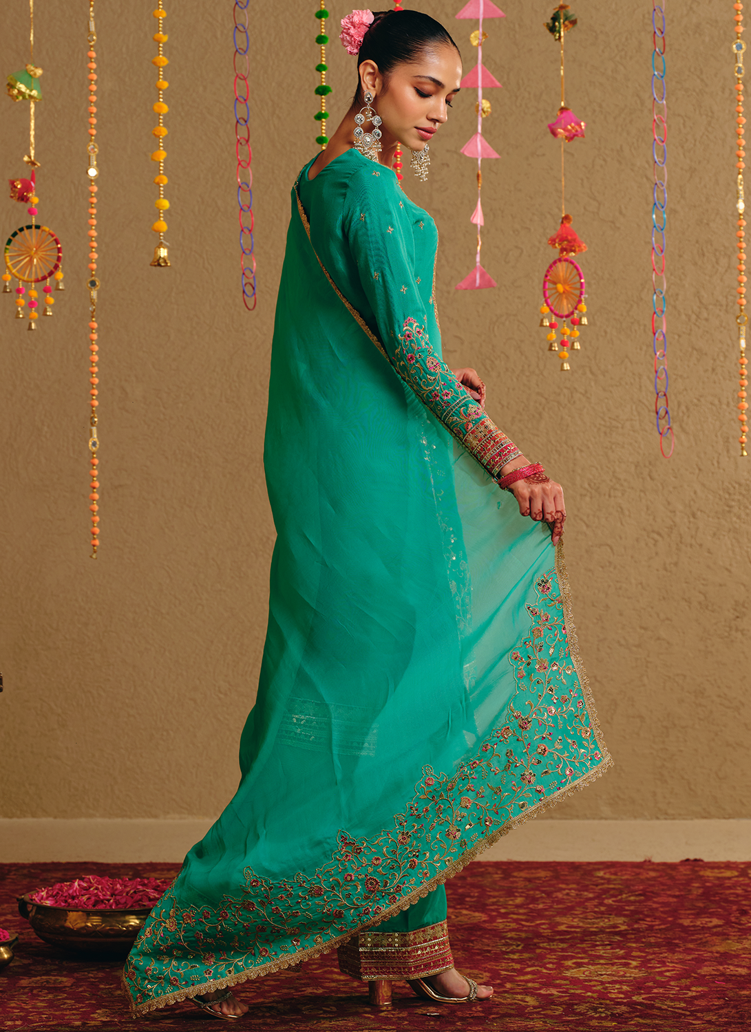 Sea Green Embroidered Viscose Silk Straight Palazzo Suit