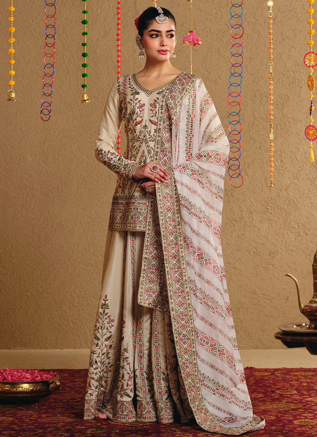 Ivory Multicolor Embroidered Viscose Silk Sharara