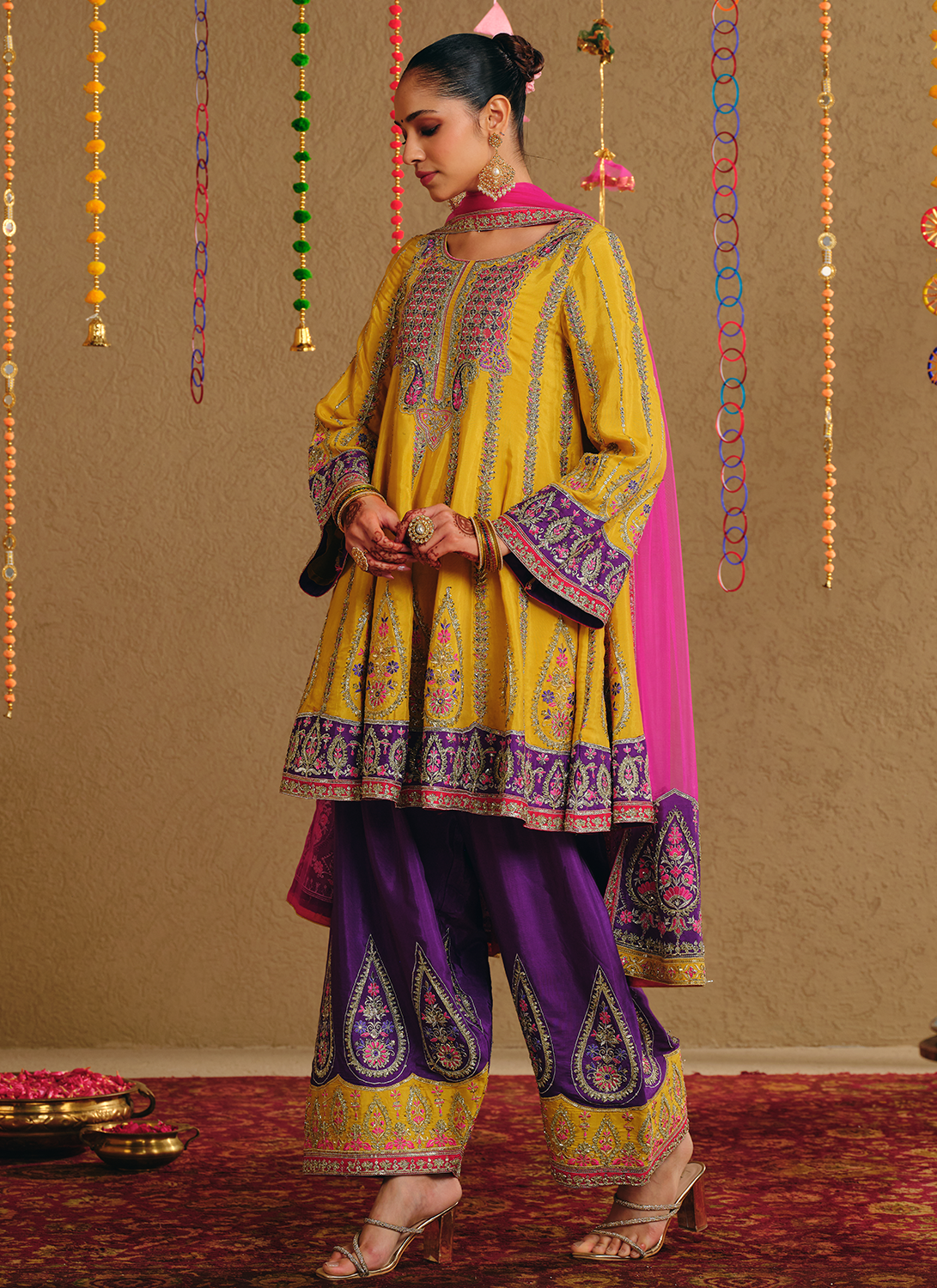 Mustard Multicolor Embroidered Viscose Silk Salwar Suit