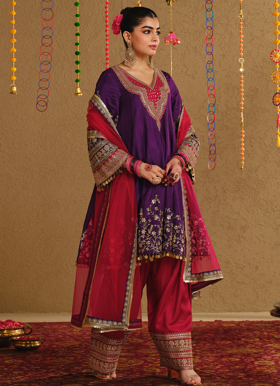 Purple Multicolor Embroidered Viscose Silk Salwar Suit