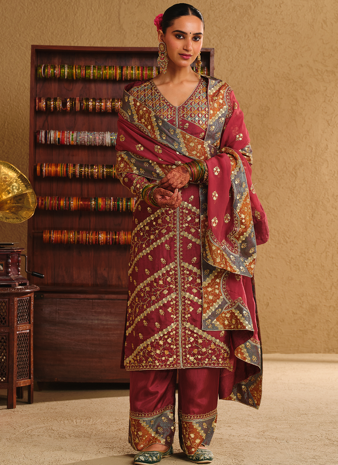 Maroon Embroidered Viscose Silk Palazzo Suit