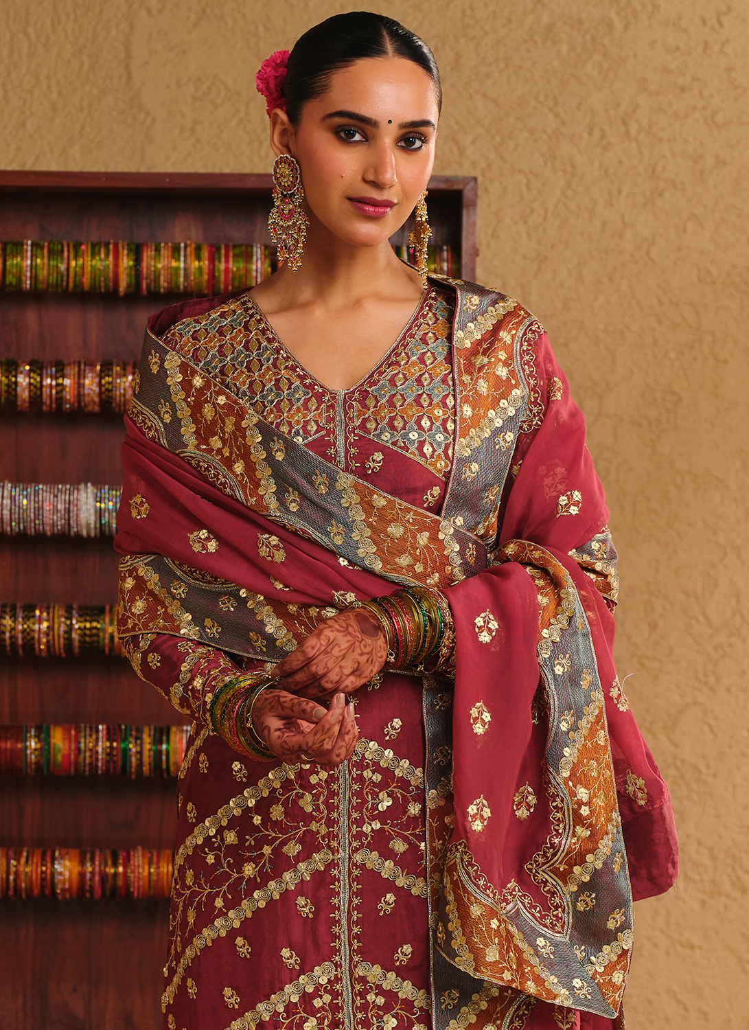 Maroon Embroidered Viscose Silk Palazzo Suit