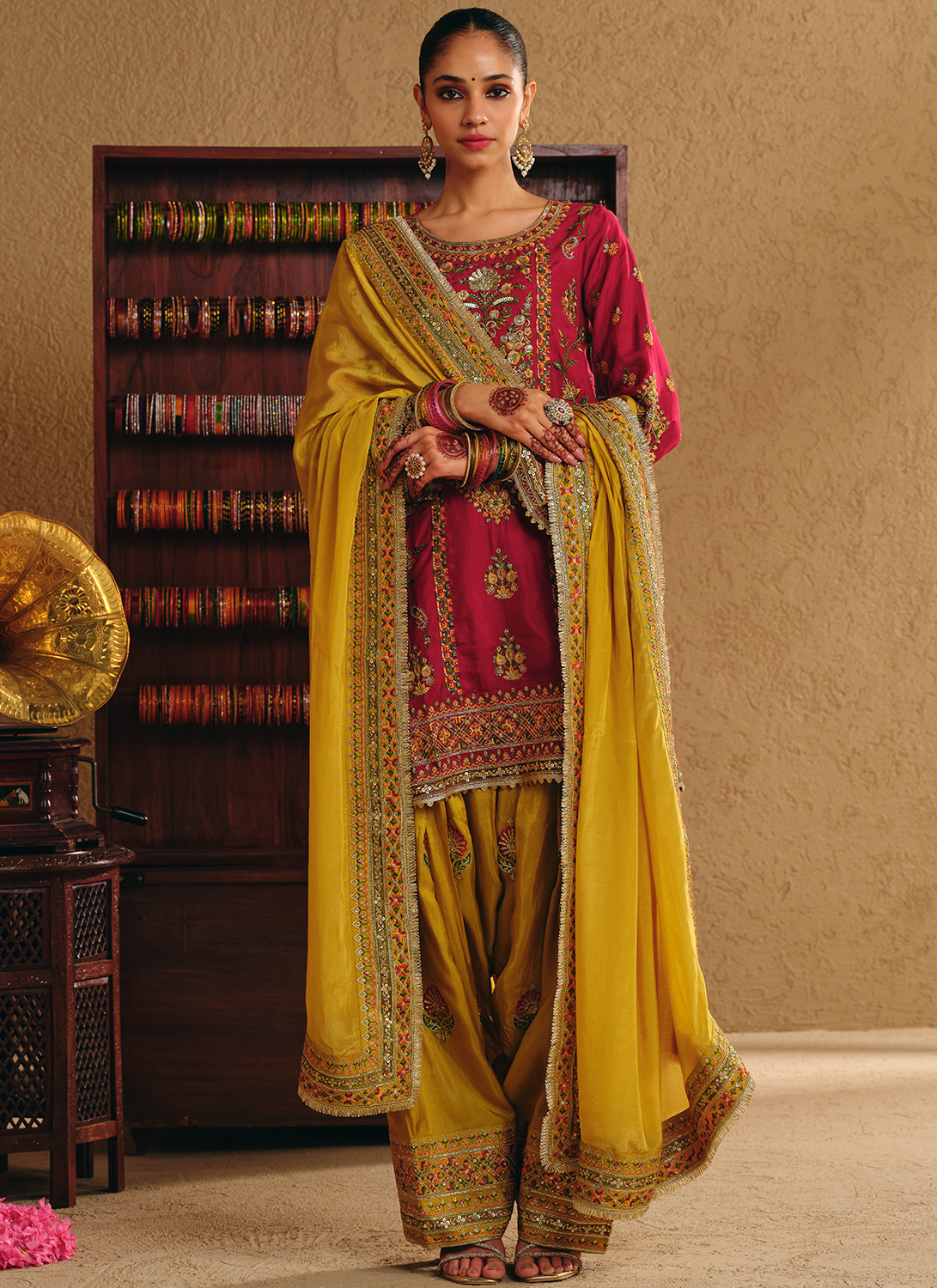 Crimson and Yellow Embroidered Viscose Silk Punjabi Suit