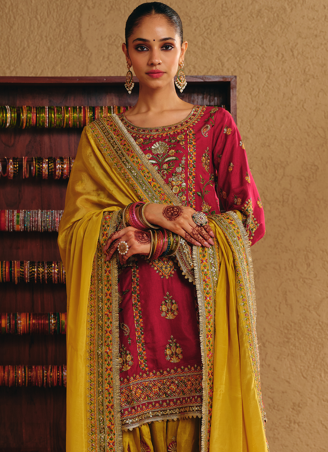 Crimson and Yellow Embroidered Viscose Silk Punjabi Suit