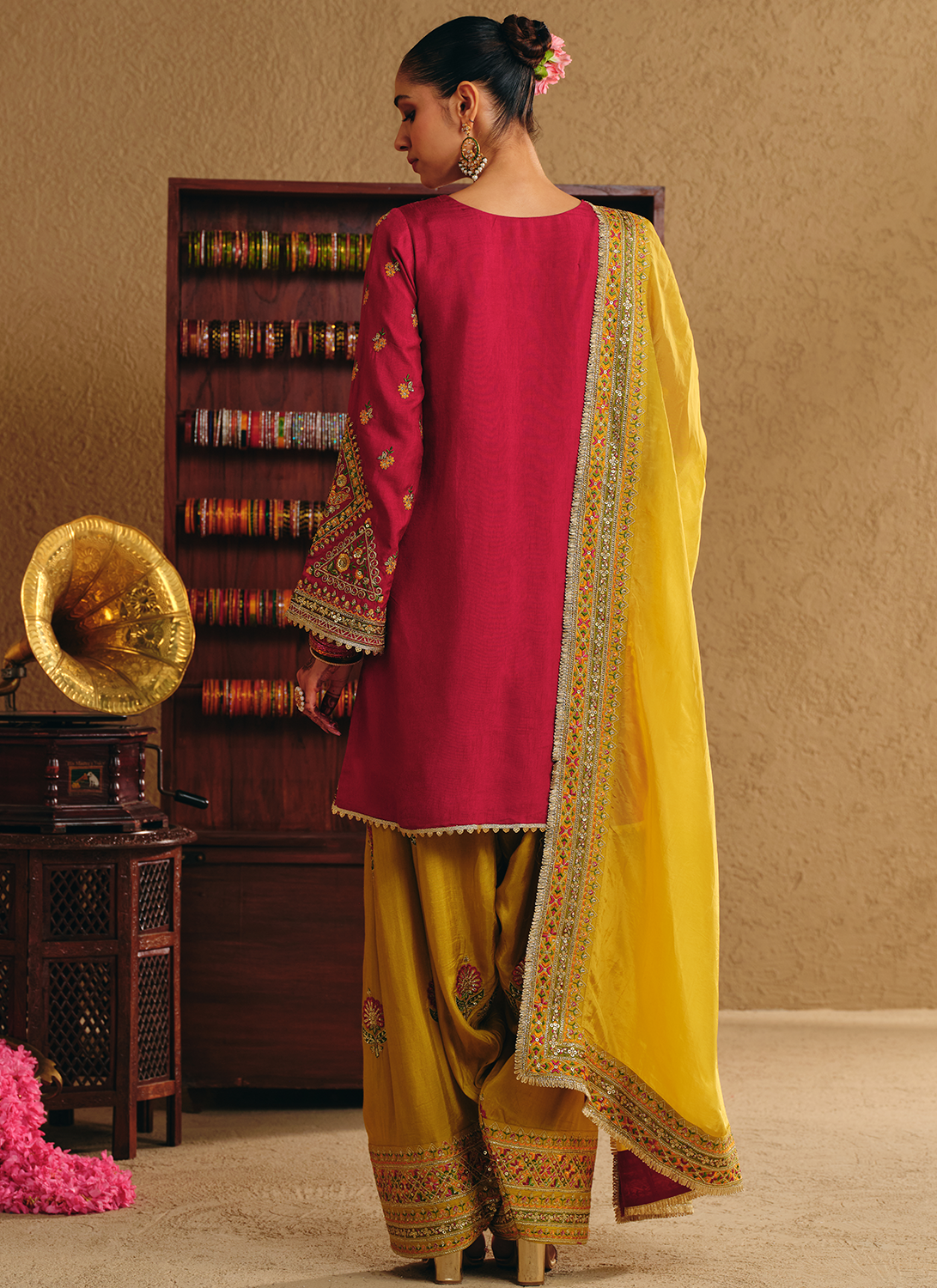 Crimson and Yellow Embroidered Viscose Silk Punjabi Suit