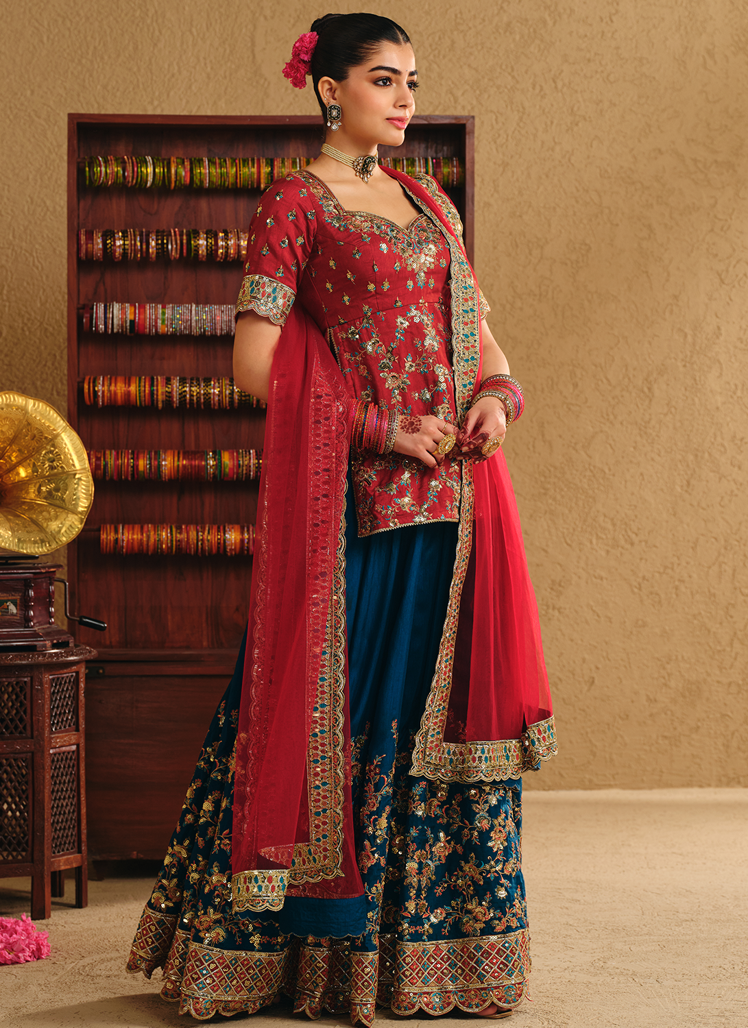 Red and Blue Embroidered Viscose Silk Kurti Style Lehenga
