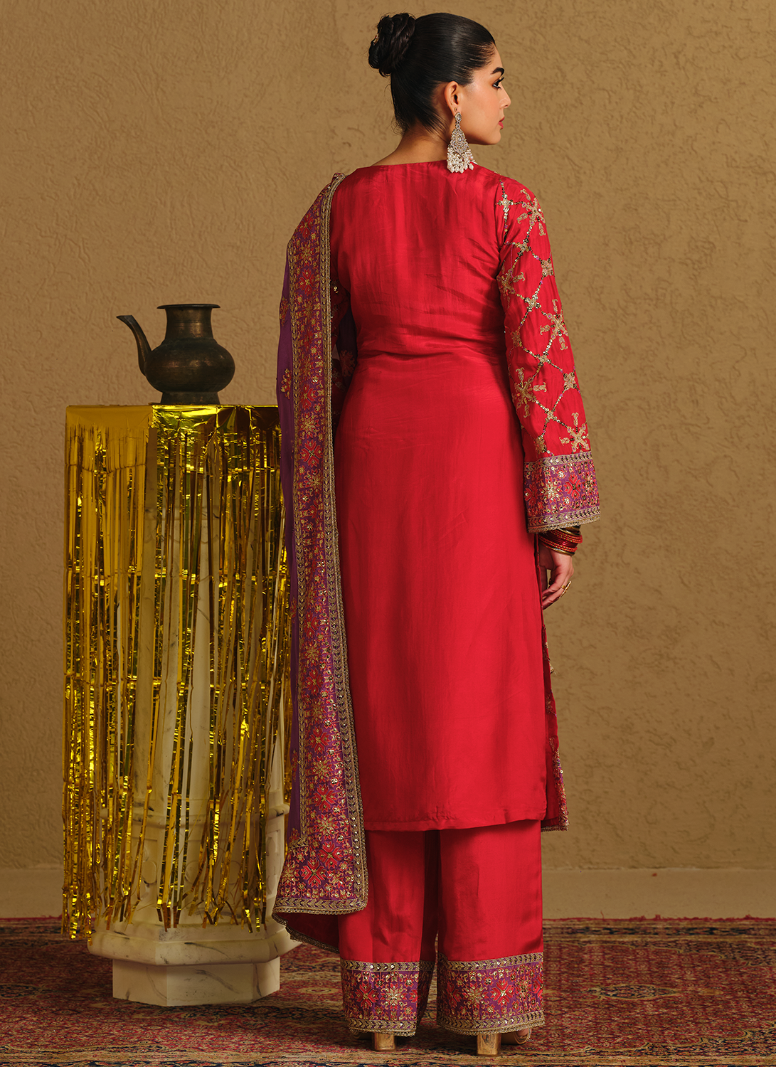 Crimson Embroidered Viscose Silk Straight Palazzo Suit