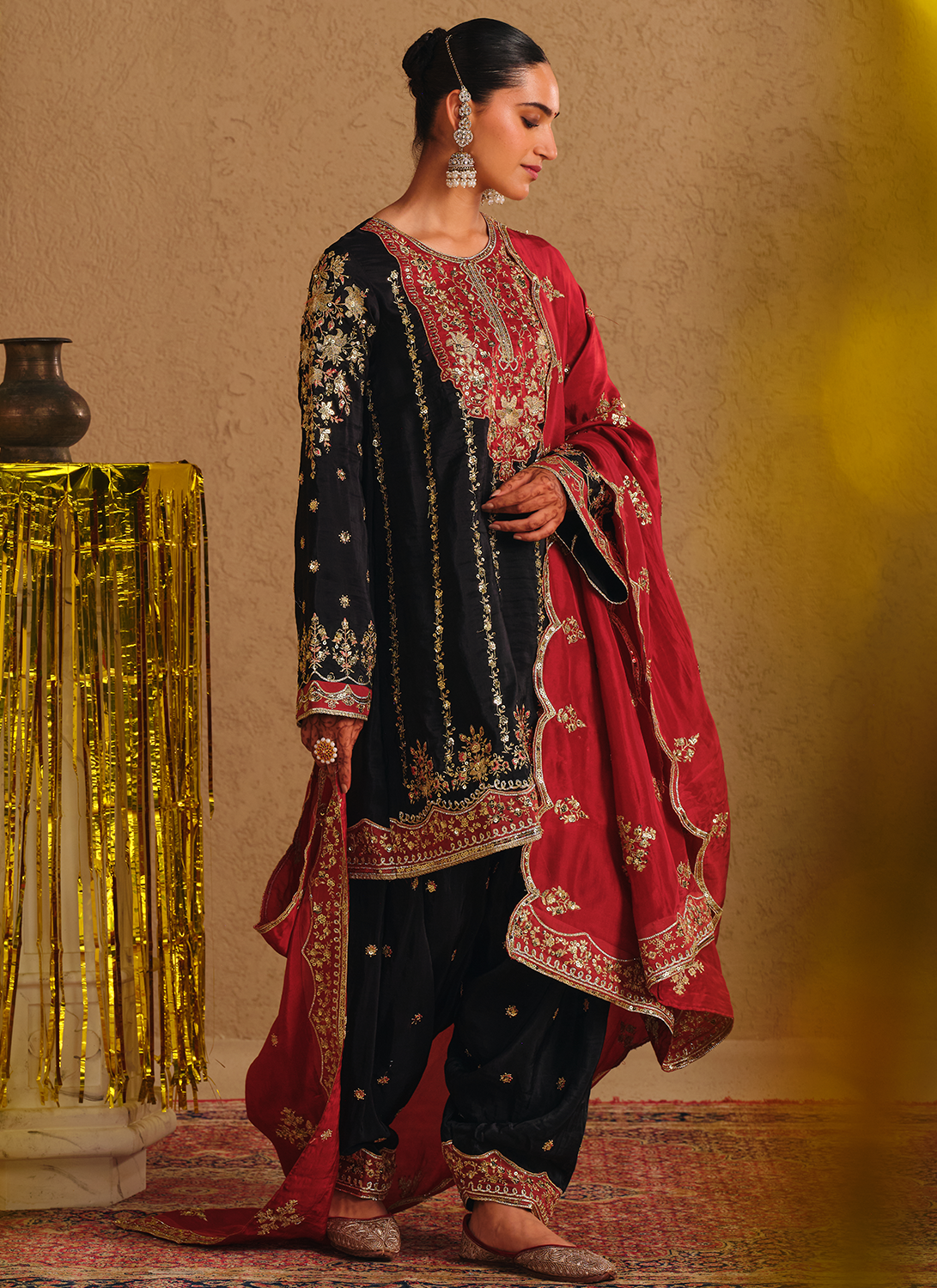Black and Red Embroidered Silk Punjabi Suit