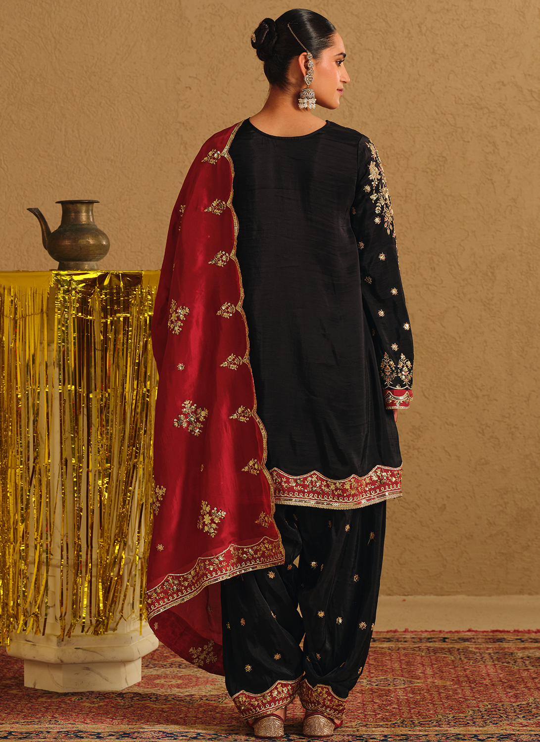 Black and Red Embroidered Silk Punjabi Suit