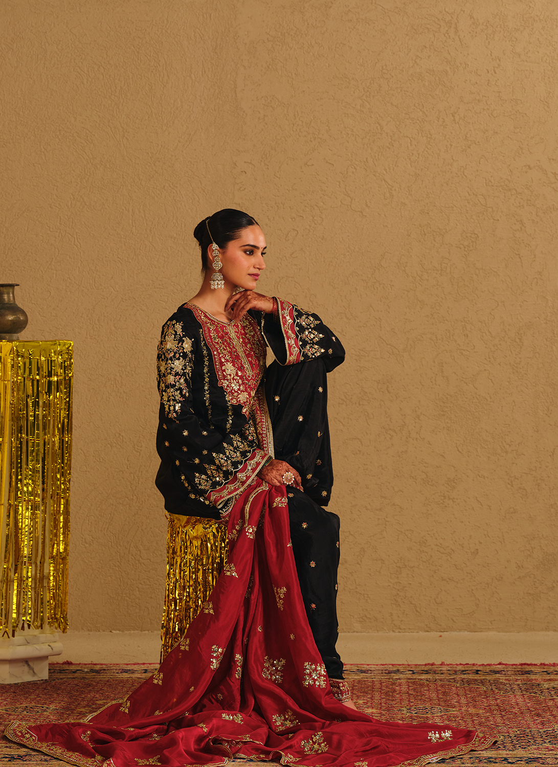 Black and Red Embroidered Silk Punjabi Suit
