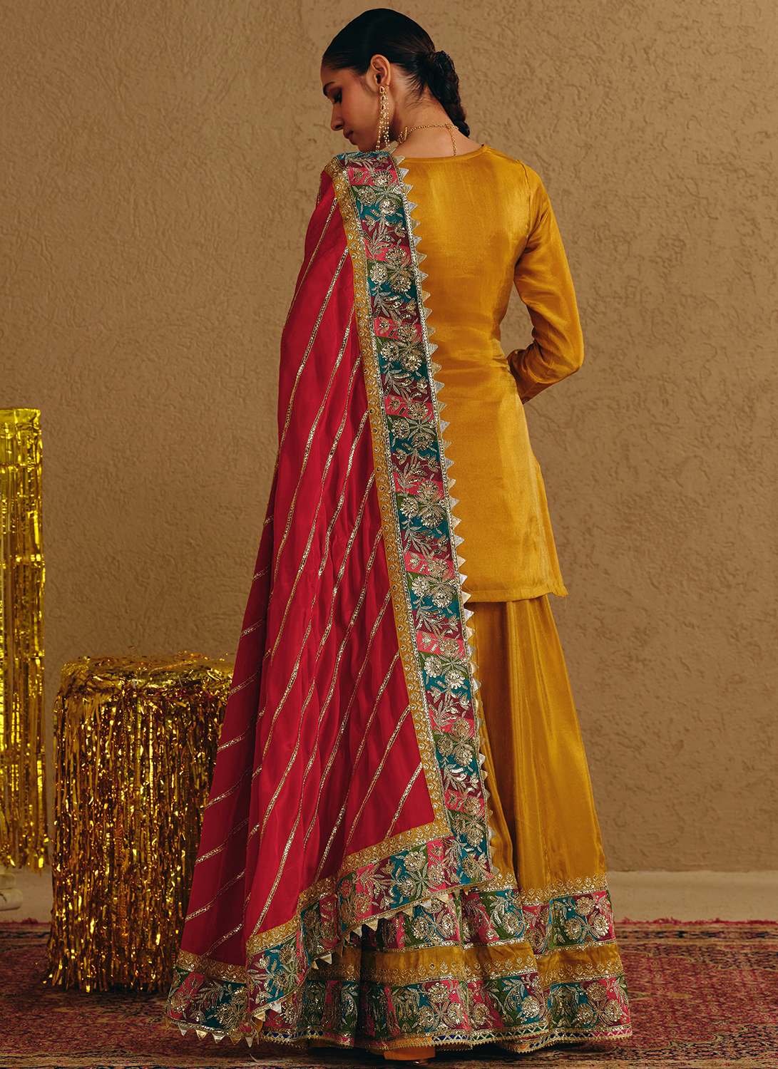 Mustard Multicolor Embroidered Viscose Organza Sharara
