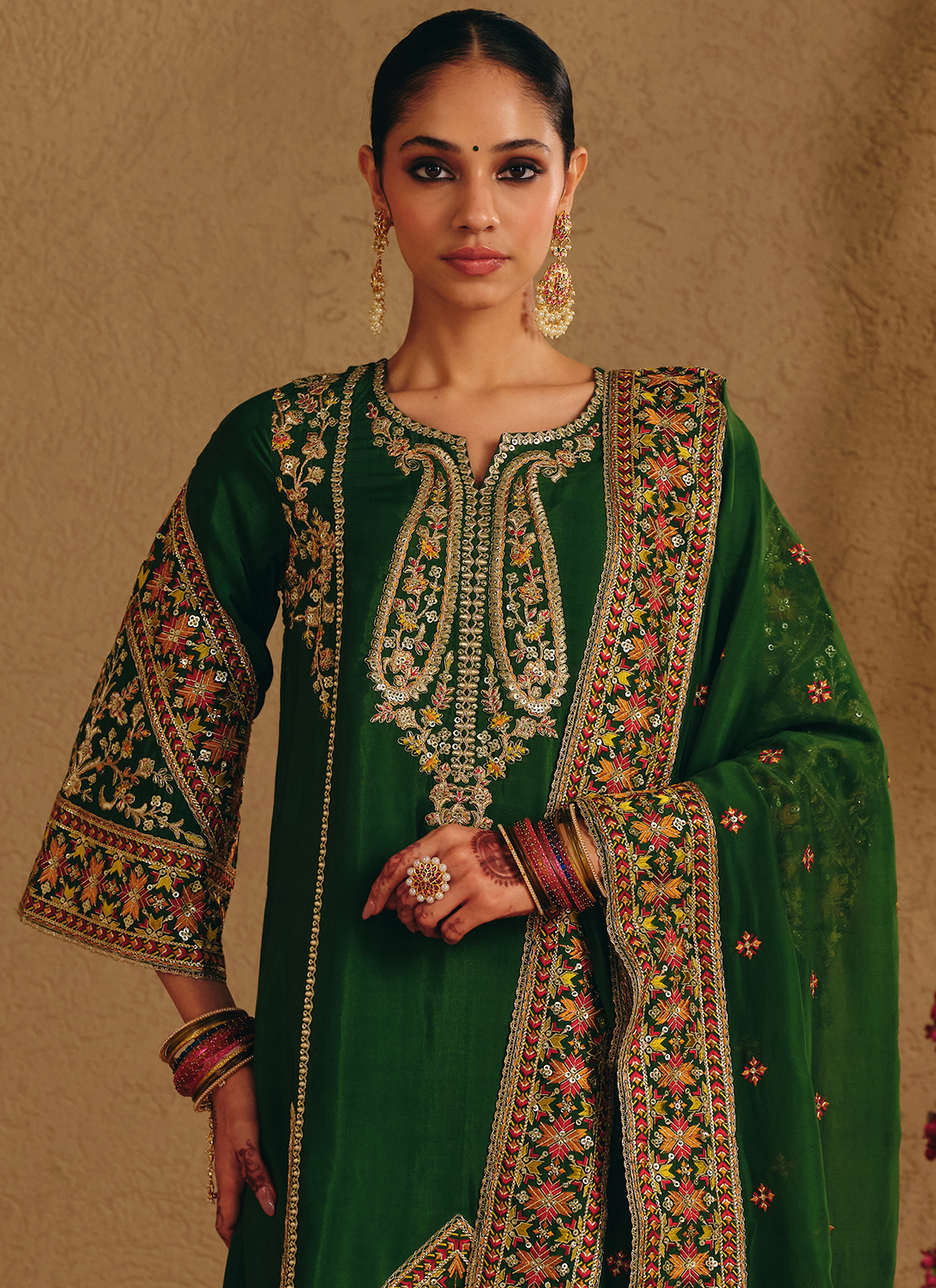 Green Embroidered Viscose Silk Salwar Suit