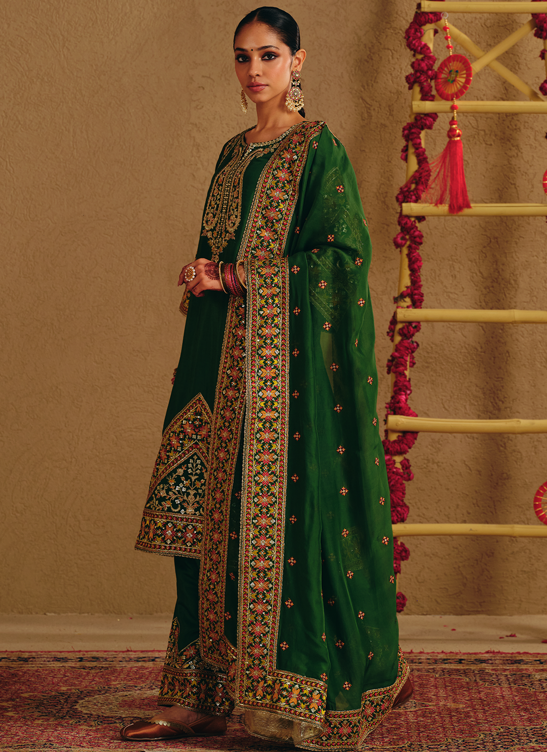 Green Embroidered Viscose Silk Salwar Suit