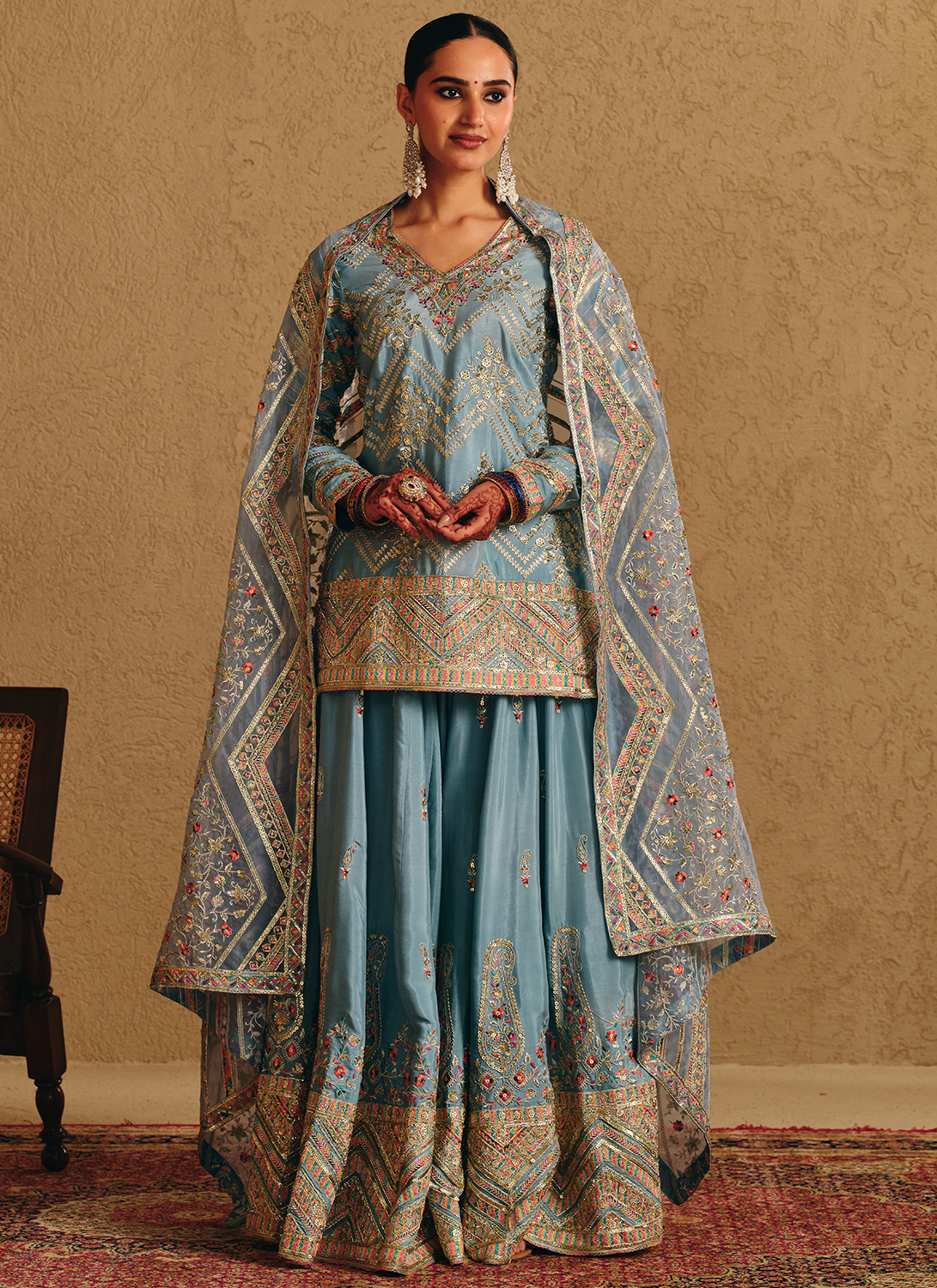Dusty Blue Embroidered Viscose Silk Sharara