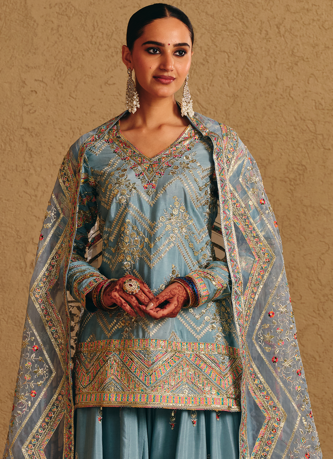 Dusty Blue Embroidered Viscose Silk Sharara