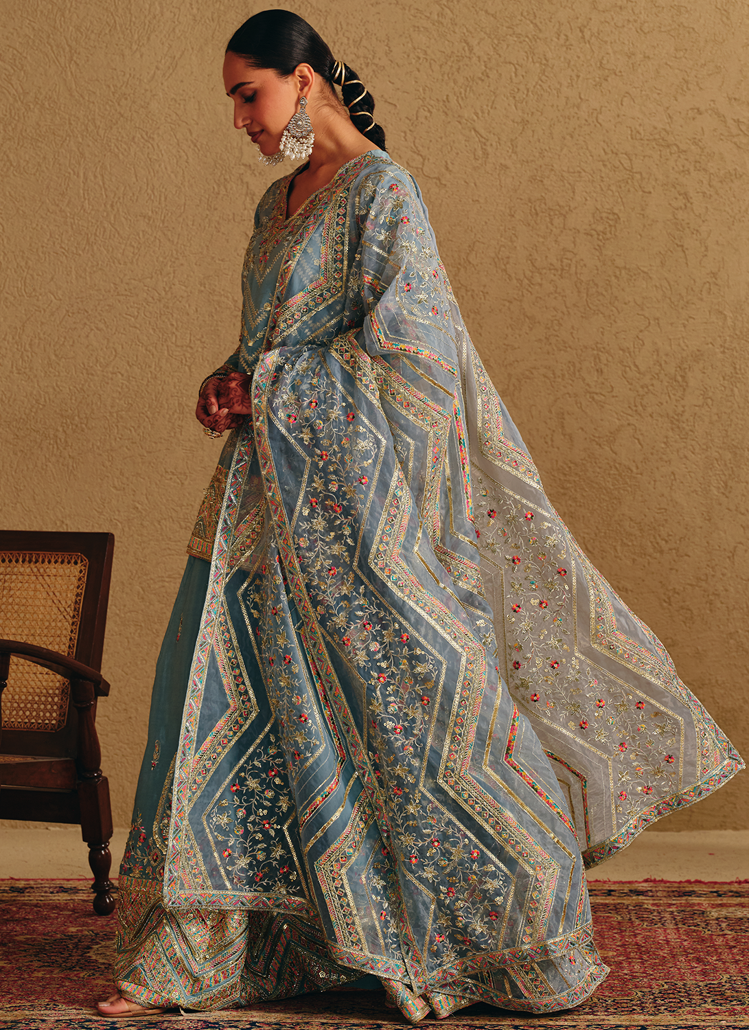Dusty Blue Embroidered Viscose Silk Sharara