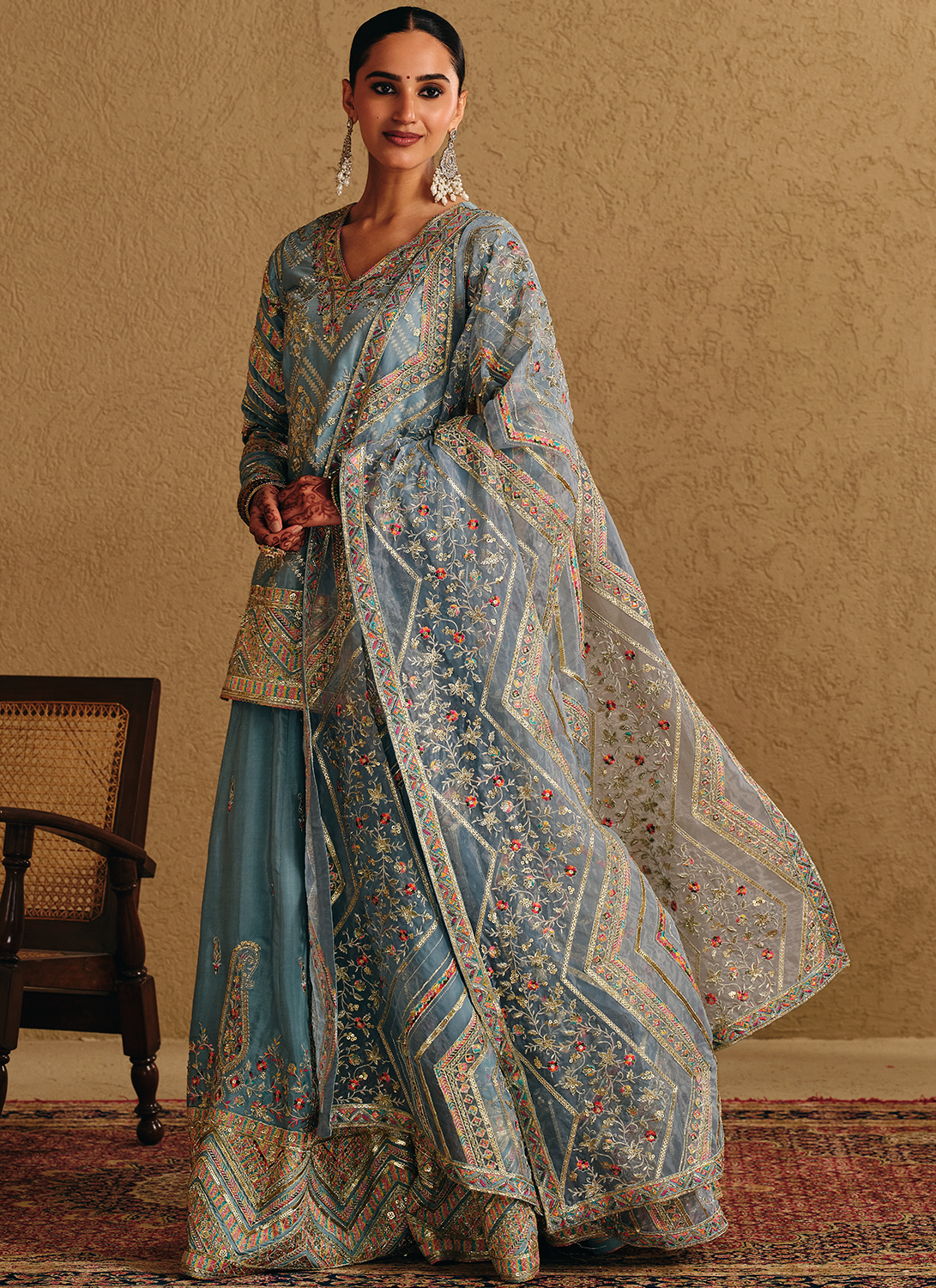 Dusty Blue Embroidered Viscose Silk Sharara