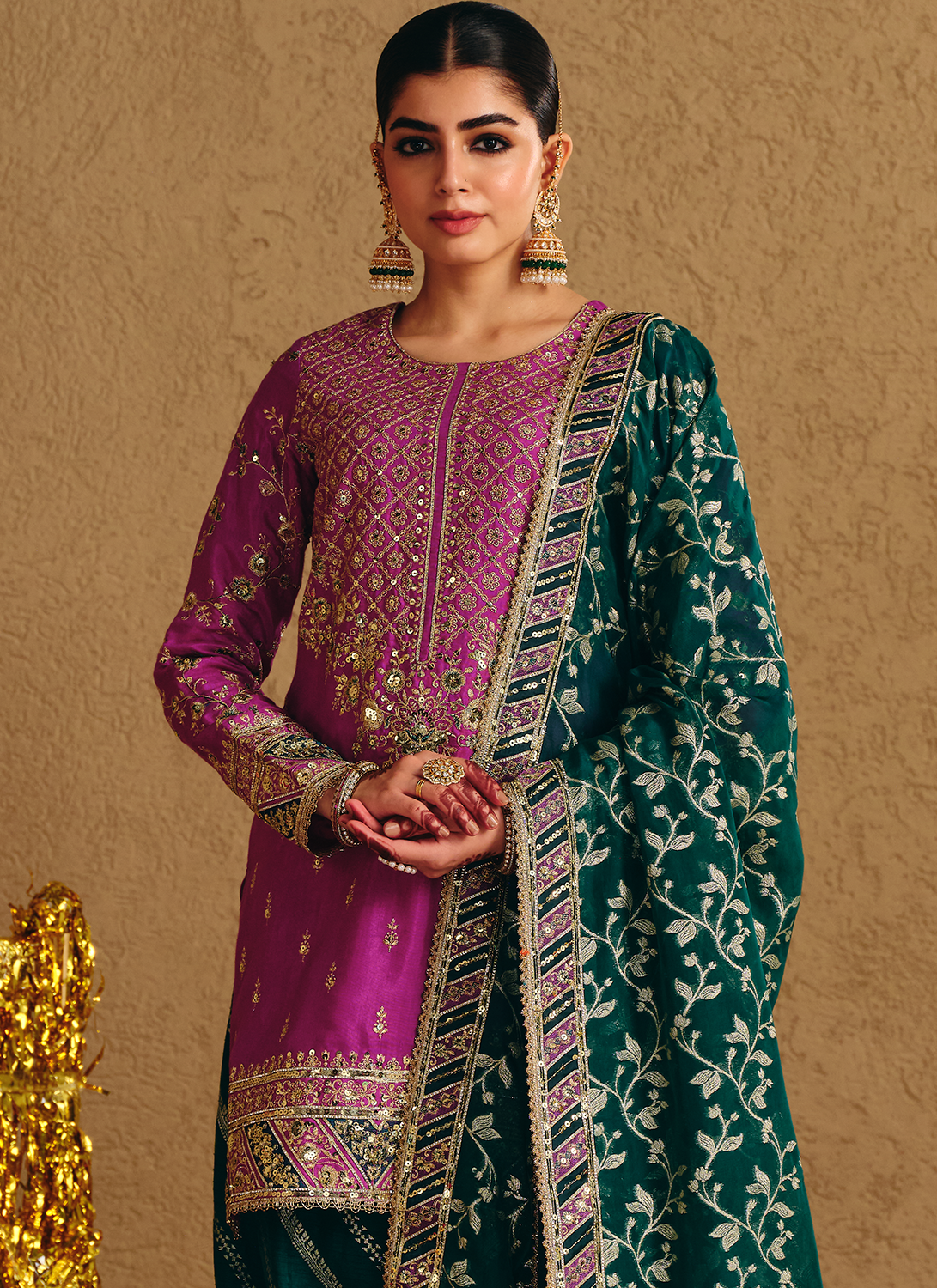 Purple and Green Embroidered Viscose Silk Punjabi Suit