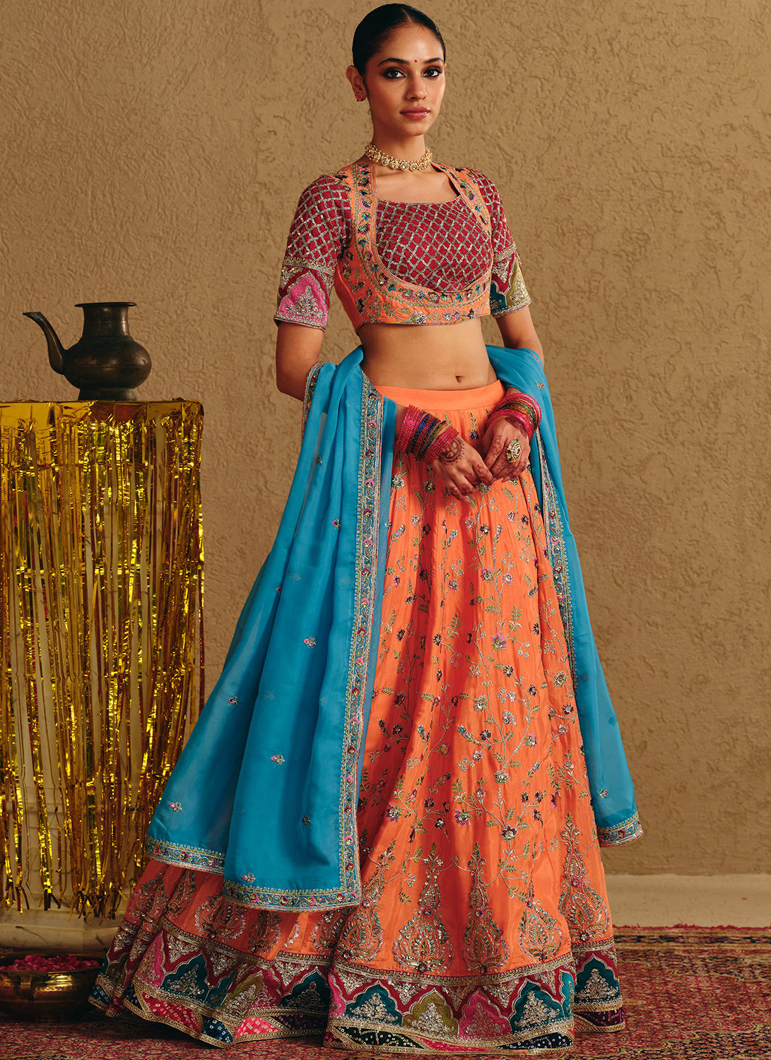 Coral Multicolor Embroidered Viscose Silk Lehenga