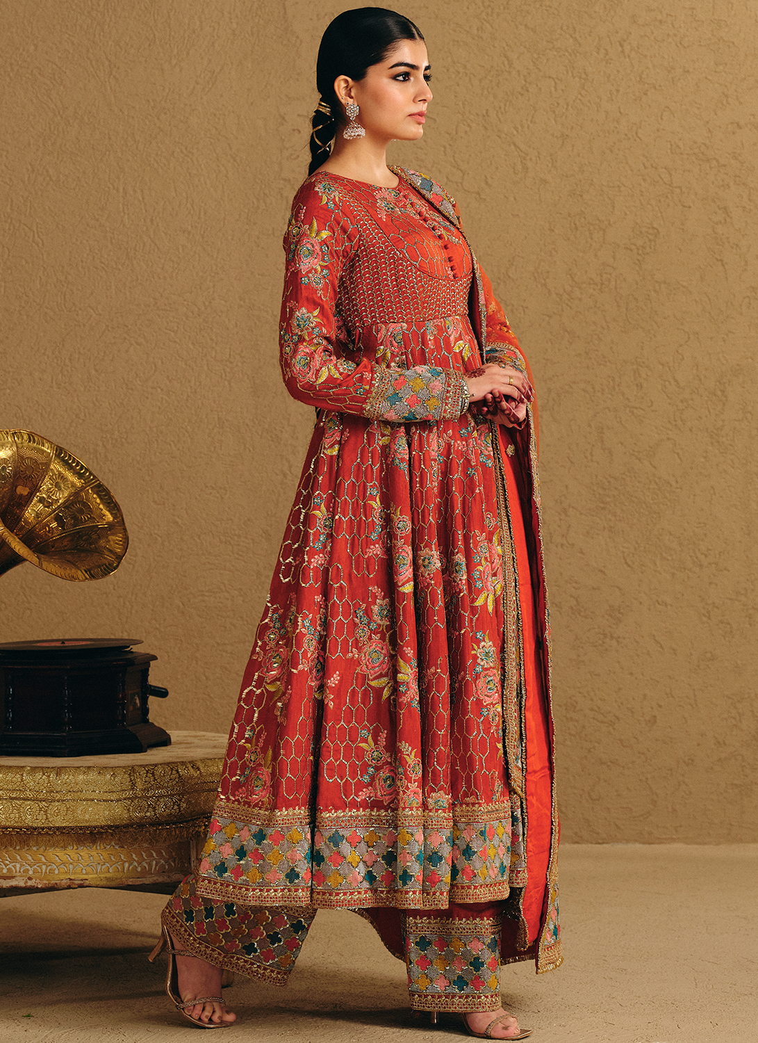 Rust Embroidered Viscose Silk Anarkali Style Palazzo