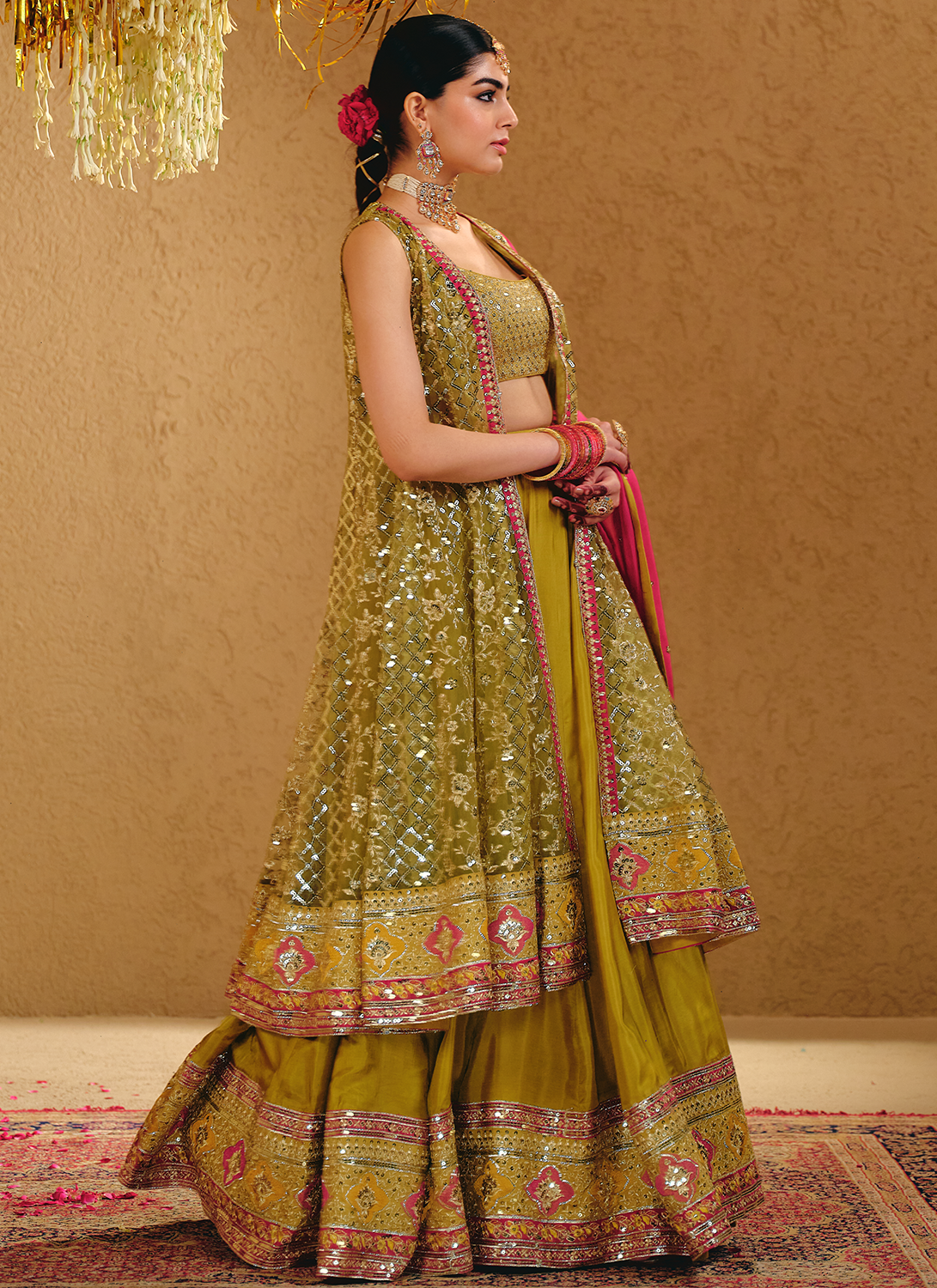 Mehendi Green and Hot Pink Embroidered Kurti Style Lehenga