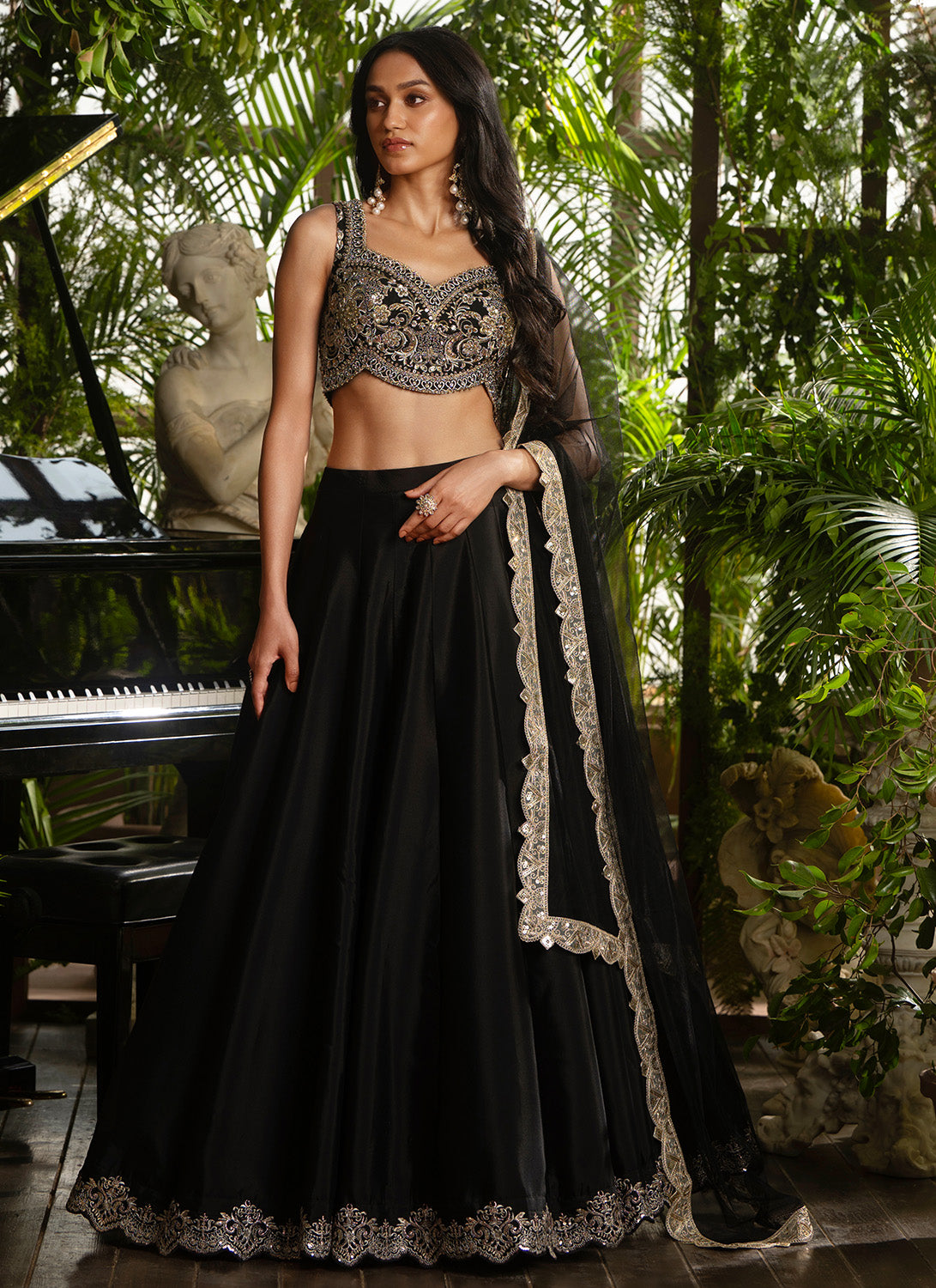 Black Embroidered Crepe Silk Lehenga