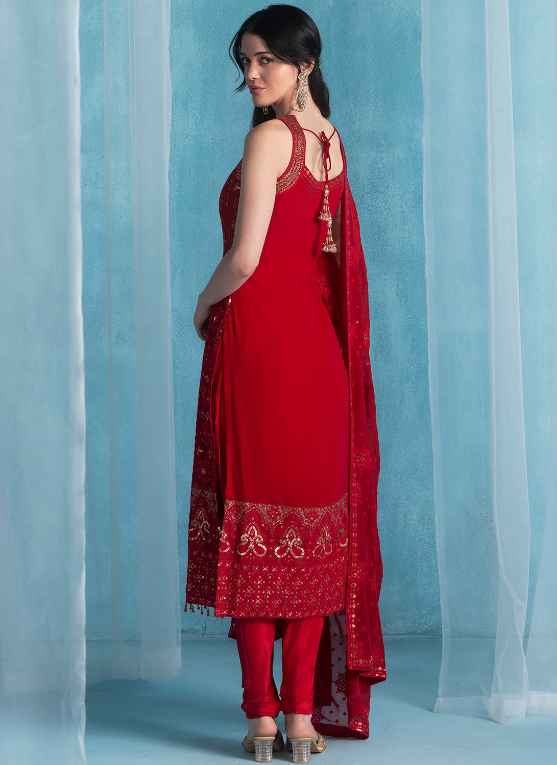 Maroon Embroidered Lucknowi Straight Suit