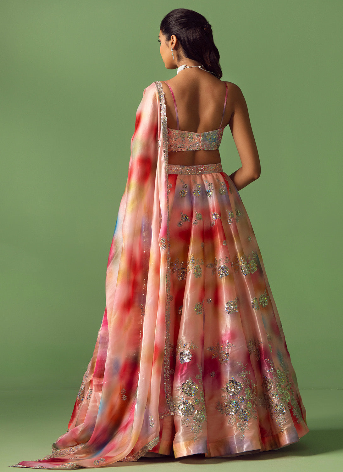 Peach Multicolor Tie-Dye Embroidered Lehenga