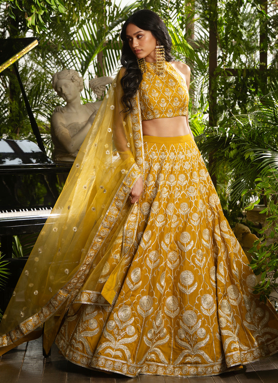 Mustard Embroidered Crepe Lehenga
