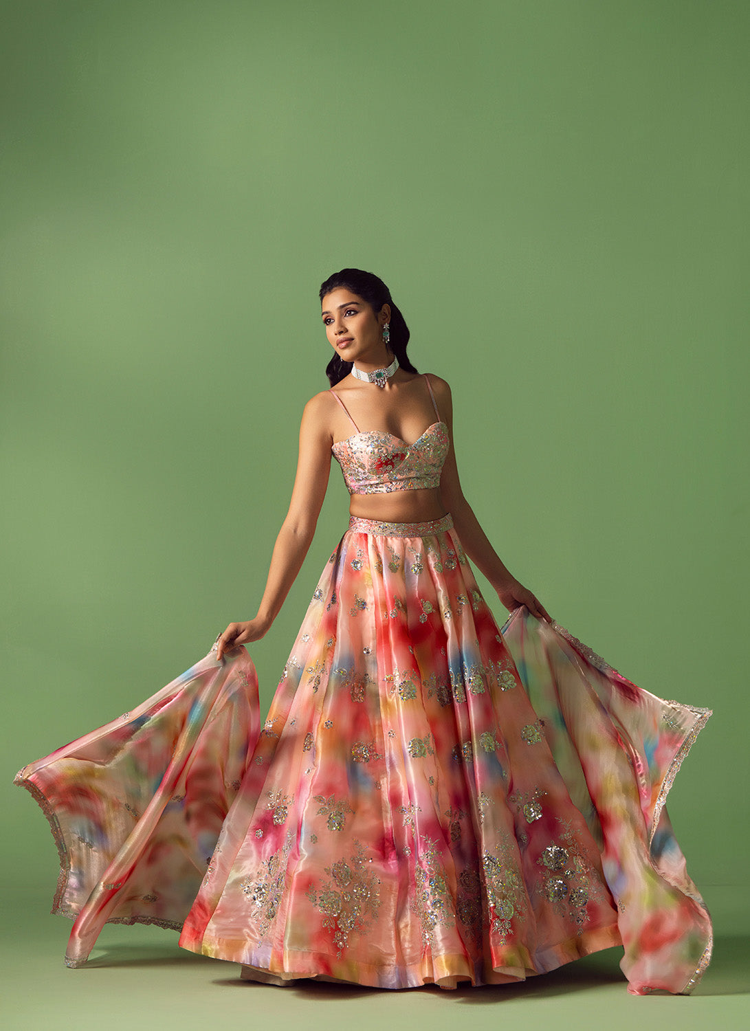 Peach Multicolor Tie-Dye Embroidered Lehenga