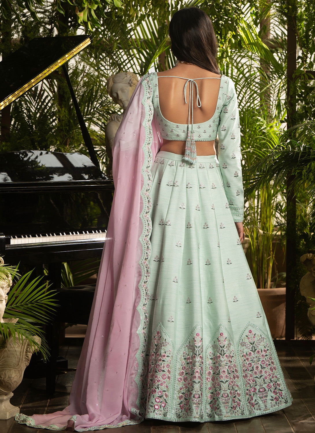 Mint Green Multicolor Raw Silk Lehenga