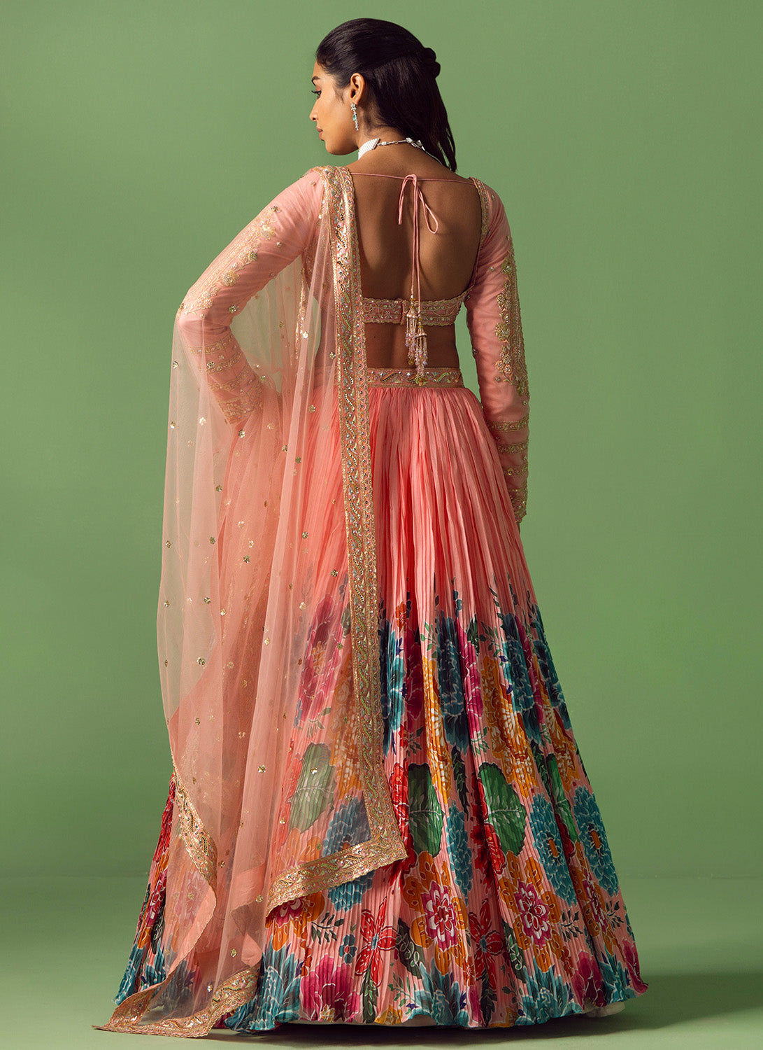 Peach Floral Printed Organza Lehenga