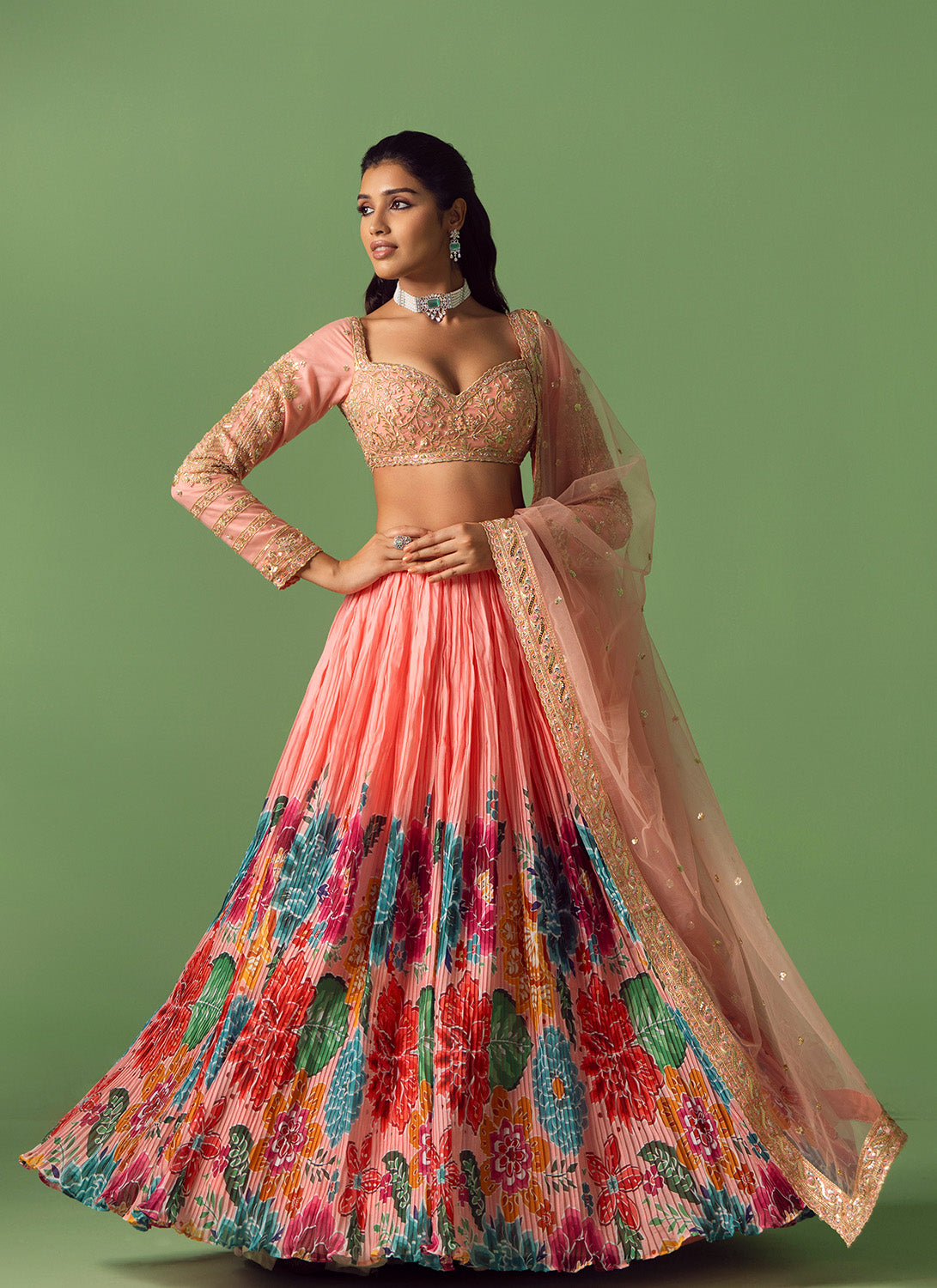 Peach Floral Printed Organza Lehenga