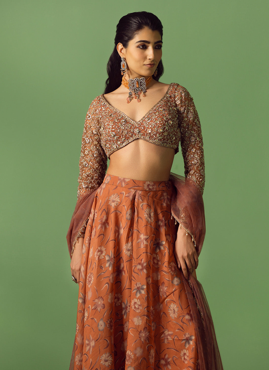 Rust Floral Printed Organza Sharara
