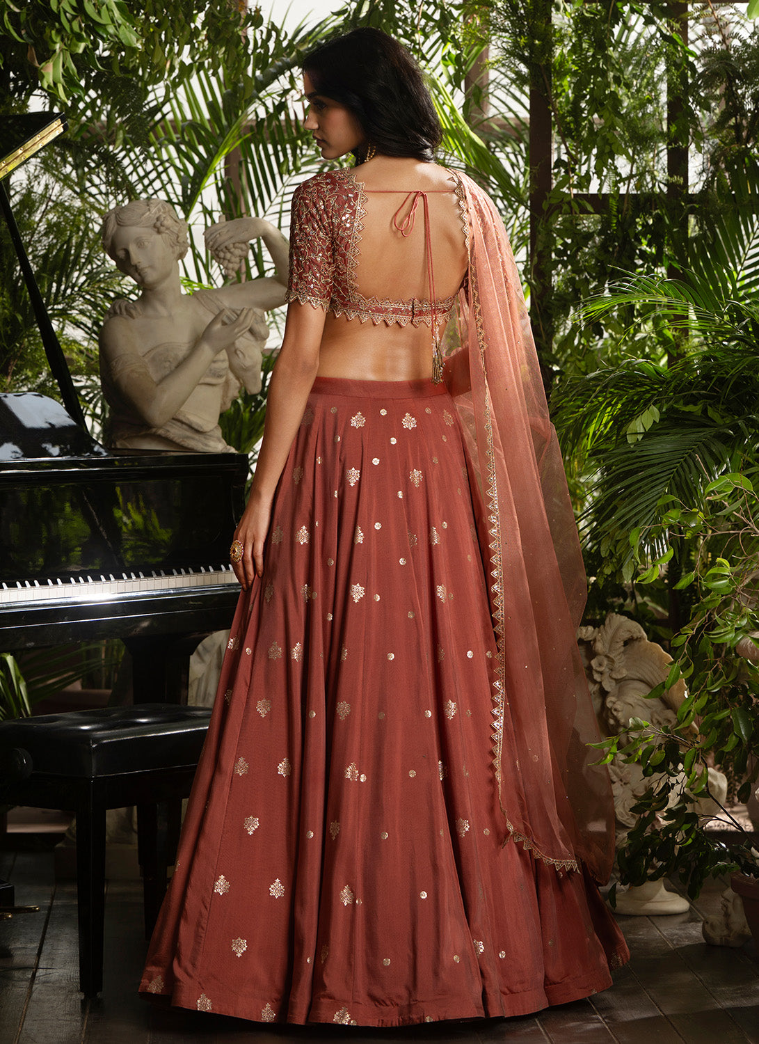 Coral Embroidered Viscose Brocade Lehenga