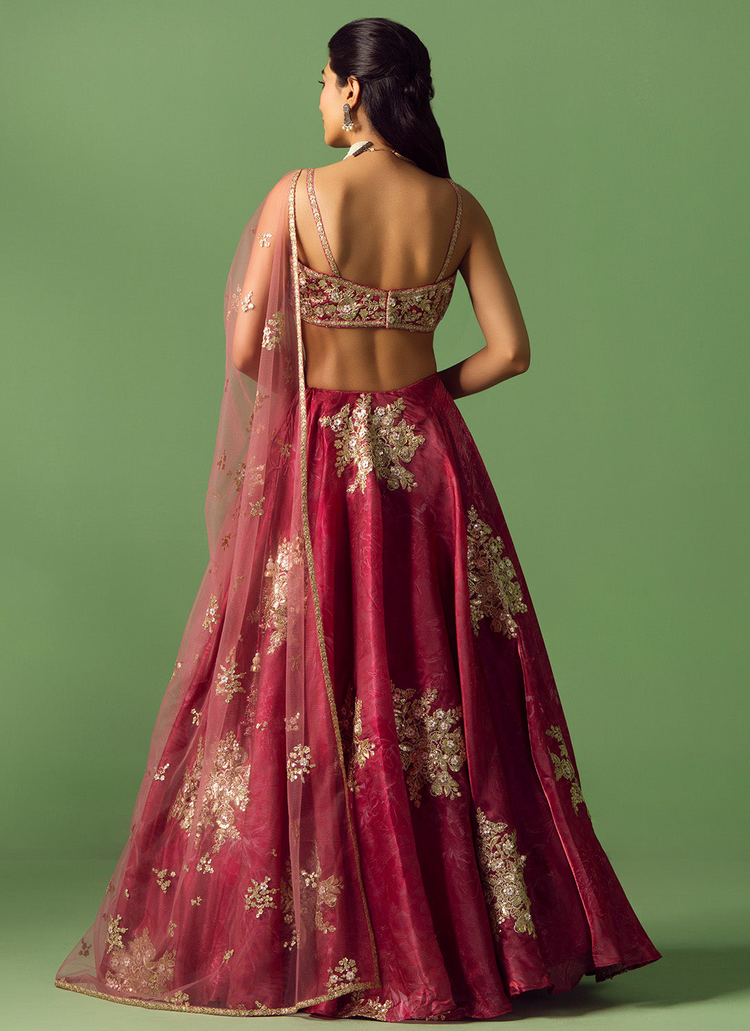 Crimson Pink Floral Printed Organza Lehenga