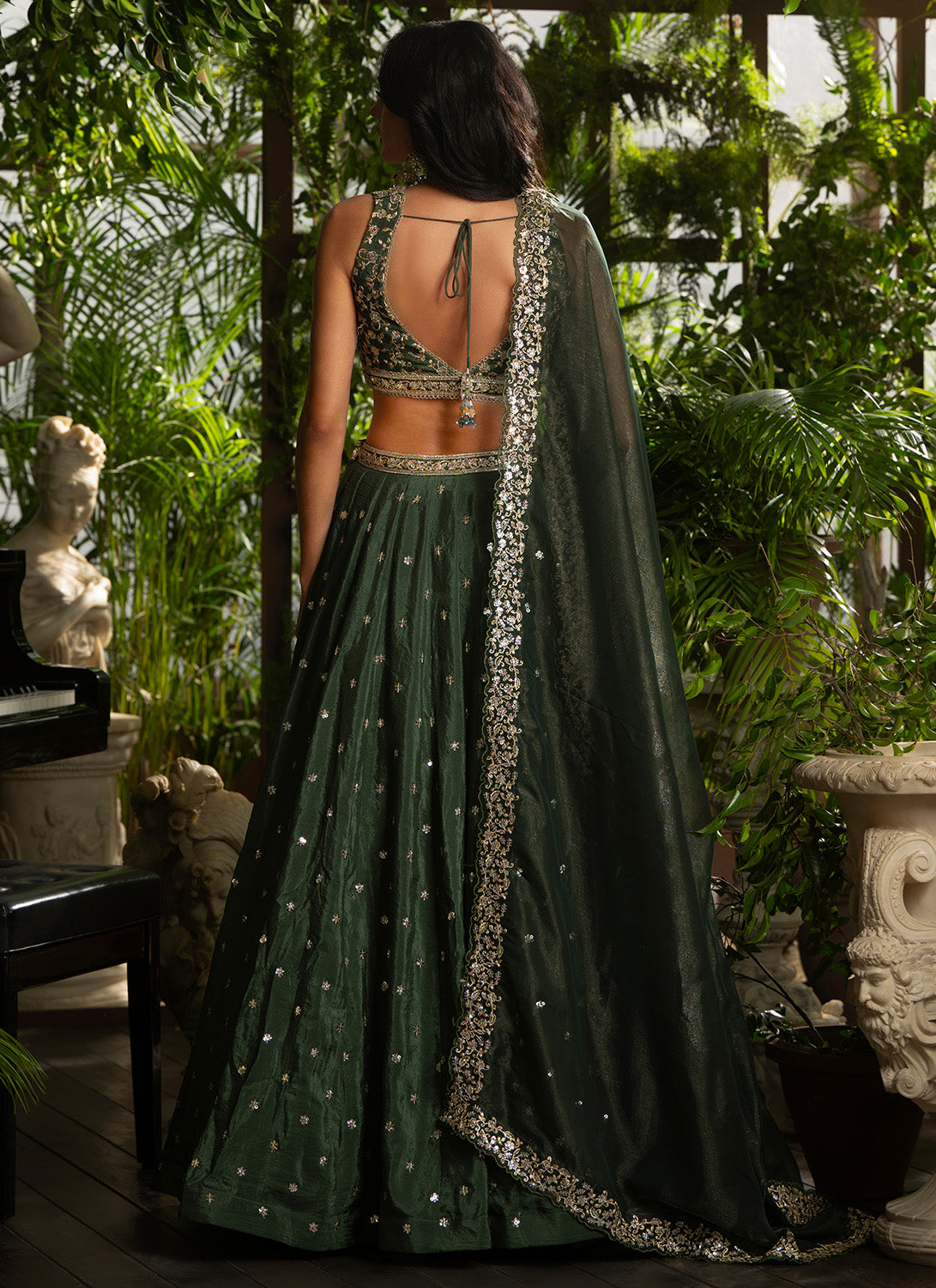 Dark Green Embroidered Crepe Silk Lehenga