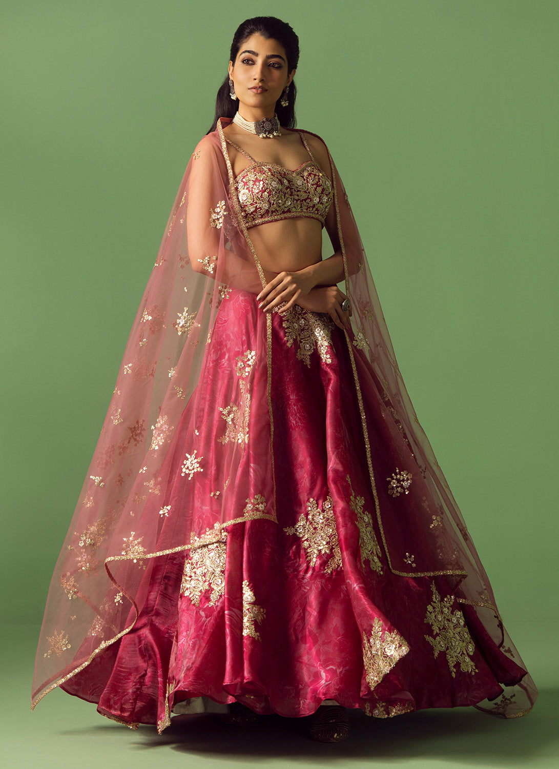 Crimson Pink Floral Printed Organza Lehenga
