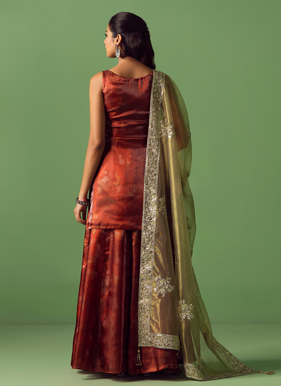 Maroon and Green Embroidered Organza Sharara