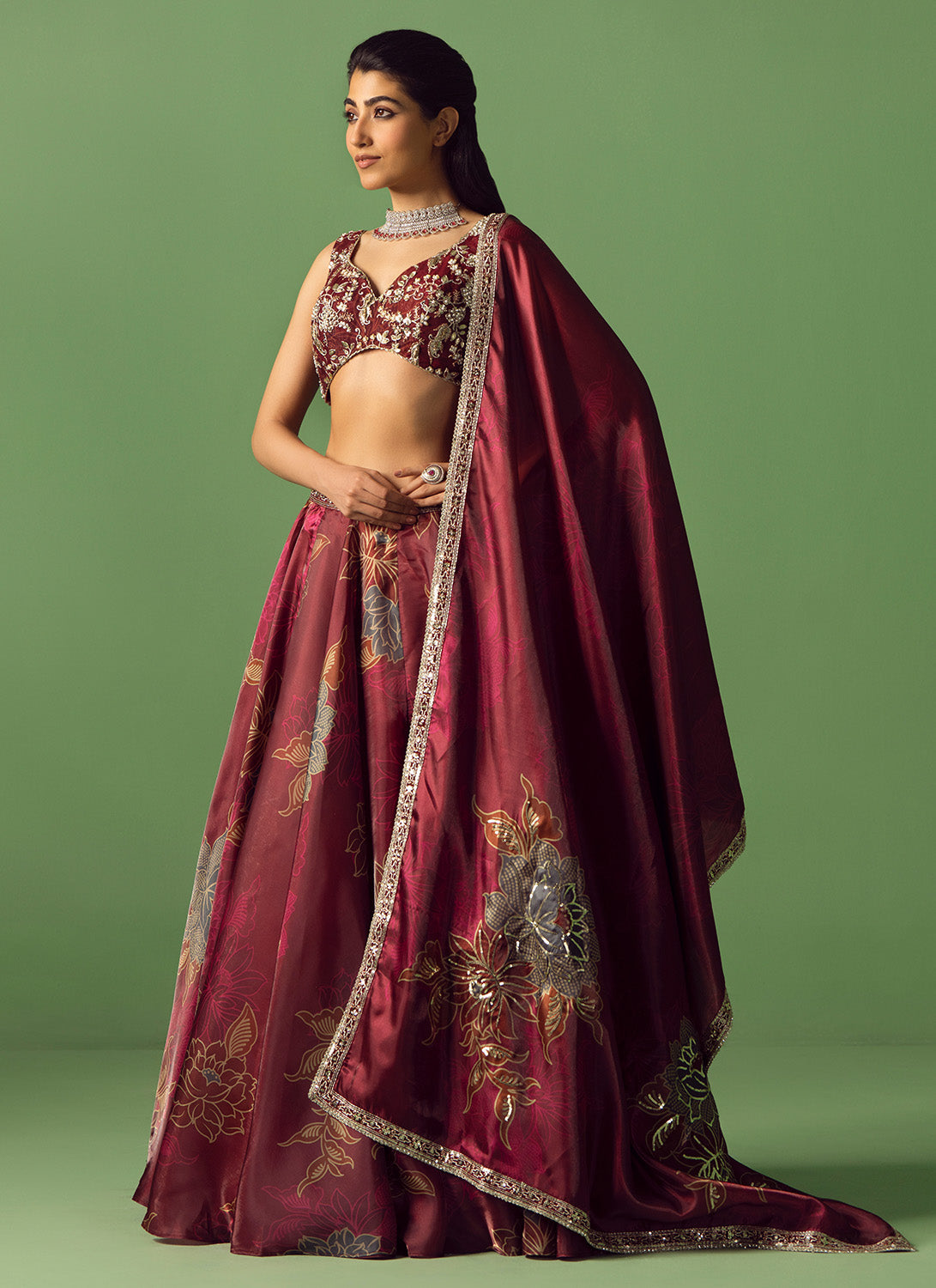 Maroon Floral Printed Organza Lehenga